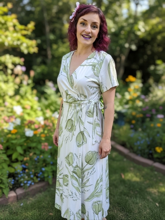 Happy Earth Dresses & Skirts - Organic Cotton Faux Wrap Dress Womens Size L Green Floral Midi Short Sleeve